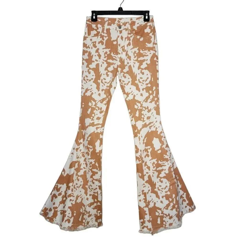 Saints & Hearts Women Jeans, Cow Print High Rise Flare Bell Bottom Jeans, S